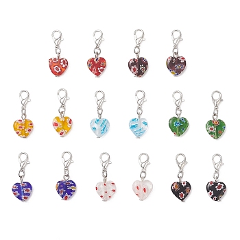 Handmade Millefiori Lampwork Pendant Decorations, with Alloy Lobster Claw Clasps, Heart, Mixed Color, 28mm