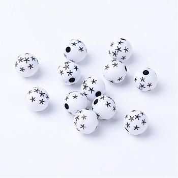 Craft Acrylic Beads, Round with Star, Black, 7~8mm, Hole: 1.5mm, about 2000pcs/500g