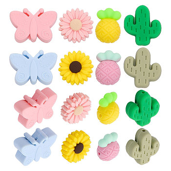 16Pcs 8 Style Food Grade Eco-Friendly Silicone Beads, Chewing Beads For Teethers, DIY Nursing Necklaces Making, Cactus & Daisy & Pineapple & Butterfly, Mixed Color, 20.5~25x15~30x8~12mm, Hole: 2~2.3mm, 2pcs/style