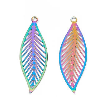 201 Stainless Steel Pendants, Etched Metal Embellishments, Leaf Charm, Rainbow Color, 32x10x0.2mm, Hole: 1.4mm
