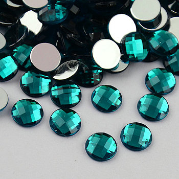 Taiwan Acrylic Rhinestone Cabochons, Flat Back and Faceted, Half Round/Dome, Teal, 18x5mm