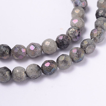 Electroplate Natural Labradorite Round Bead Strands, Faceted, 4mm, Hole: 1mm, about 91pcs/strand, 14.9 inch