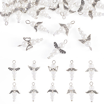 Glass & Alloy Pearl Pendants, with 304 Stainless Steel Findings, Angel & Fairy, Antique Silver & Stainless Steel Color, 34mm, Hole: 2.7mm, 20pcs/set