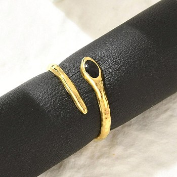 Snake 304 Stainless Steel Enamel Cuff Rings for Women, Golden, Black, Inner Diameter: 18mm