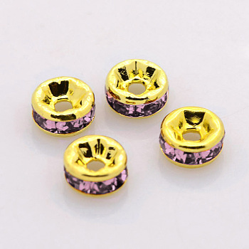 Brass Rhinestone Spacer Beads, Grade A, Straight Flange, Golden Metal Color, Rondelle, Light Amethyst, 6x3mm, Hole: 1mm