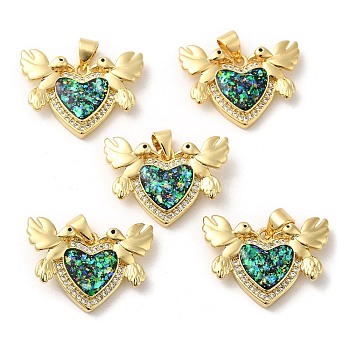 Rack Plating Brass Micro Pave Cubic Zirconia with Synthetic Opal Pendants, with Jump Ring, Lead Free & Cadmium Free, Long-Lasting Plated, Heart with Bird, Real 18K Gold Plated, 16.5x23.5x4.3mm, Hole: 5x3.5mm