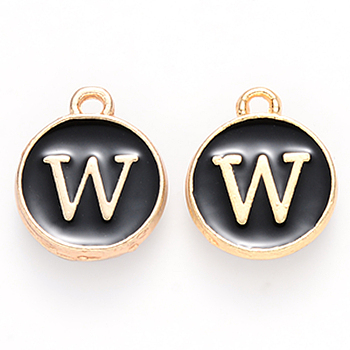 Golden Plated Alloy Charms, Cadmium Free & Lead Free, with Enamel, Enamelled Sequins, Flat Round with Letter, Black, Letter.W, 14x12x2mm, Hole: 1.5mm