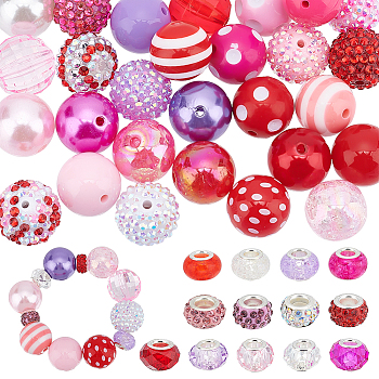 Elite 54Pcs Mixed Style Acrylic & Resin & Glass Large Hole Beads, European Beads, Silver Color Brass Core, Red, 10~20x7~20mm, Hole: 3~5mm