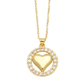 Brass Micro Pave Cubic Zirconia Pendant Necklaces, Heart, Golden, 17.72 inch(45cm), Pendant: 25x18mm