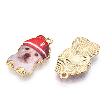 Printed Light Gold Tone Alloy Pendants,Carton Dog with Cap Charms, Crimson, 22.5x14x2.5mm, Hole: 1.6mm