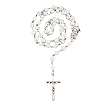 Glass Pearl & Resin Rose Rosary Bead Necklace, Alloy Virgin Mary with Cross Pendant Necklace for Women, Antique Silver, 19.29~19.88 inch(49~50.5cm)
