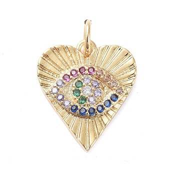Brass Micro Pave Cubic Zirconia Pendants, Long-Lasting Plated, Heart with Eye, Colorful, Real 18K Gold Plated, 16x14x2mm, Hole: 3.1mm