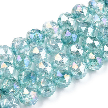 Transparent Electroplate Glass Beads Strands, AB Color Plated, Faceted, Round, Turquoise, 8x7.5mm, Hole: 1.8mm, about 50pcs/strand, 14.96''(38cm)