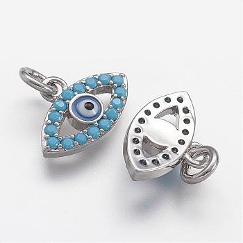 Brass Micro Pave Cubic Zirconia Charms, Evil Eyes, Platinum, 10x14.5x3mm, Hole: 2.8mm