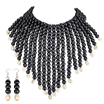 Ethnic Wood Beaded Necklaces & Dangle Earring Sets, Black, 445mm(SJEW-WH0004-11)