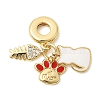 Brass Micro Pave Clear Cubic Zirconia European Dangle Charms, White Cat Fish Bone Large Hole Pendants with Enamel, Cadmium Free & Lead Free, Long-Lasting Plated, Rack Plating, Real 18K Gold Plated, 26mm, Hole: 4.5mm(KK-Z150-11G)