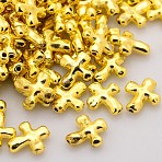 Tibetan Style Alloy Beads, Cross, Lead Free & Nickel Free & Cadmium Free, Golden, 14x12.5x4mm, Hole: 1.3mm(PALLOY-A018-G-NR)
