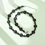 Natural Lava Rock Coin Beaded Necklaces, with Glass Beads and 304 Stainless Steel End Chains, Stainless Steel Color, Black, 18.78 inch(47.7cm)(GG-CBA922D-06A)