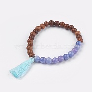 Natural Quartz(Dyed) Stretch Bracelets, Imitation Aquamarine, with Wood Beads and Cotton Thread Tassel, 2-1/8 inch(5.5cm)(BJEW-JB03952-06)