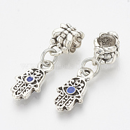 Alloy Enamel European Dangle Charms, Large Hole Pendants, Hamsa Hand/Hand of Fatima /Hand of Miriam with Eye, Blue, Antique Silver, 27mm, Hole: 4.5mm(MPDL-Q209-072AS)