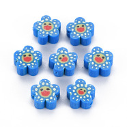 Handmade Polymer Clay Beads, Flower with Smiling Face, Dodger Blue, 9~10x4mm, Hole: 1.5mm(CLAY-S096-011B)