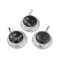 Natural Snowflake Obsidian Pendants with Hollow Platinum Brass Findings, Flat Round, 33.5x30x6mm, Hole: 8x5mm(G-P448-A11-P)