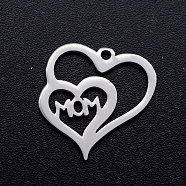 201 Stainless Steel Charms, Heart with Word Mom, for Mother's Day, Stainless Steel Color, 15x15x1mm, Hole: 1.2mm(STAS-T046-JN252-1)