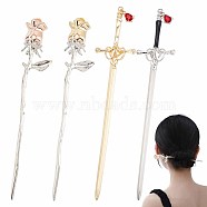 4Pcs 4 Style Ancient Style Rose & Sword Alloy Hair Sticks, with Rhinestone, Hair Accessories for Woman Girls, Mixed Color, 164~224x29.5~42.8x6.8~16mm, 1pc/style(MRMJ-OC0003-07)