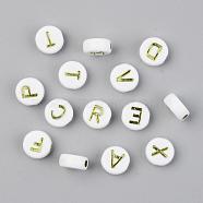 Vacuum Plating Opaque Acrylic Beads, Horizontal Hole, Flat Round with Initial Letter, White & Yellow, Random Mixed Letters, 9.5x4.5mm, Hole: 2mm, 1580pcs/500g(PACR-T010-003)