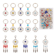 Woven Net/Web with Feather Tibetan Style Alloy Pendant Decorations, with Handmade Evil Eye Lampwork Keychain, Mixed Color, 65~90mm, 20pcs/box(HJEW-KS0001-03)