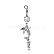 Piercing Jewelry, Brass Cubic Zirconia Navel Ring, Belly Rings, with 304 Stainless Steel Bar, Lead Free & Cadmium Free, Dlophin, Clear, Platinum, 59x14mm, Bar Length: 3/8"(10mm), Bar: 14 Gauge(1.6mm)(AJEW-EE0002-10P)
