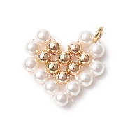 Shell Pearl Beaded Pendants, with Real 18K Gold Plated Brass Beads, Heart Charms, White, 21x22x4mm, Hole: 3.7mm(PALLOY-JF01999)
