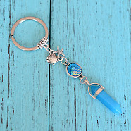 Natural Blue Agate Bullet Pendant Keychains, with Alloy Starfish & Shell Shape, 3.5cm(KEYC-PW0009-03D)