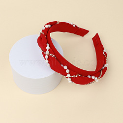 Cloth Hair Bands, with Plastic Pearl & Alloy Chains, Hair Accessories for Women Girls, Red, 30mm, Inner Diameter: 140x160mm(OHAR-PW0008-004D)