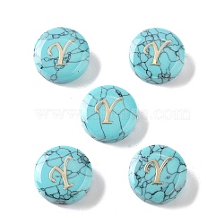 Synthetic Turquoise Beads, with Golden Tone Brass Slices, Flat Round with Letter, Letter Y, 15x5.5mm, Hole: 1.4mm(G-A238-02Y)