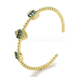 Brass Pave Clear Cubic Zirconia Open Cuff Bangles, Green Glass Bangles for Women, Real 18K Gold Plated, Rectangle, Inner Diameter: 2-1/4 inch(5.8cm)(BJEW-Z061-06B)