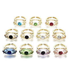Brass Cuff Rings, Open Rings, with Glass, Nickel Free, Evil Eye, Real 16K Gold Plated, Mixed Color, US Size 7 1/4(17.5mm)(RJEW-T016-22G-NF)