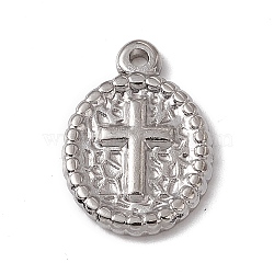 304 Stainless Steel Pendants, Oval with Cross Charm, Stainless Steel Color, 18x12.5x2mm, Hole: 1.5mm(STAS-P316-02P)
