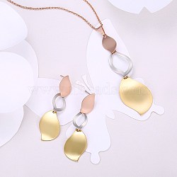 Tri-colored Brass Party Jewelry Sets, Pendant Necklaces and Stud Earrings, Leaf, Mixed Color, 16.5 inch(42cm), 57x17mm(SJEW-BB26442)