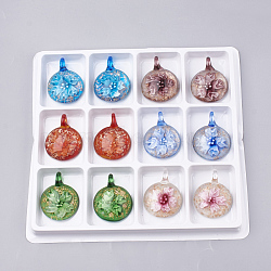 Handmade Gold Sand Lampwork Pendants, Inner Flower, Flat Round, Mixed Color, 45~47x35~36x15~16mm, Hole: 8mm, Box Size: 20x19.5x1.3cm, about 12pcs/box(LAMP-S189-07-B)