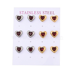 Ion Plating(IP) 304 Stainless Steel Heart Stud Earrings, with Micro Pave Cubic Zirconia, Golden & Stainless Steel Color, Red, 10x9mm(EJEW-C099-13PG-01)