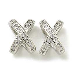 Letter X Rack Plating Brass Micro Pave Cubic Zirconia Europen Beads, Large Hole Beads, Long-Lasting Plated, Lead Free & Cadmium Free, Platinum, 10.5x7.5x6.5mm, Hole: 4mm(KK-K386-15P)