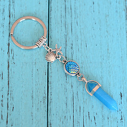 Natural Blue Agate Bullet Pendant Keychains, with Alloy Starfish & Shell Shape, 3.5cm(KEYC-PW0009-03D)