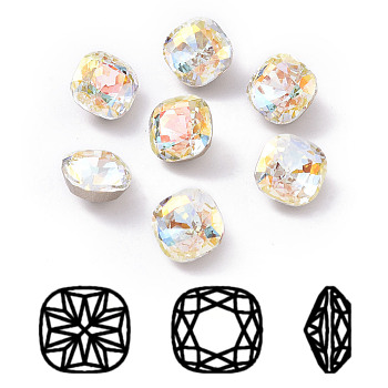 K9 Glass Rhinestone Cabochons, Pointed Back & Back Plated, Faceted, Square, Light Crystal AB, 8x8x5.5mm