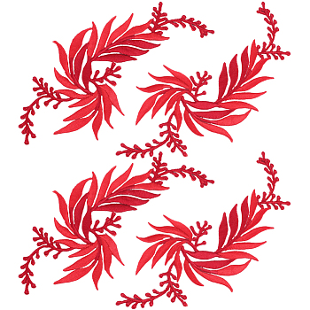 4Pcs 2 Style Leaf Computerized Embroidery Cloth Iron on/Sew on Patches, Costume Accessories, Appliques, Red, 160x77x1mm, 2pcs/style