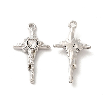 Rack Plating Alloy Pandants, with Glass, Nickel Free, Cross with Heart Charms, Platinum, Clear, 27.5x16x4.5mm, Hole: 1.5mm