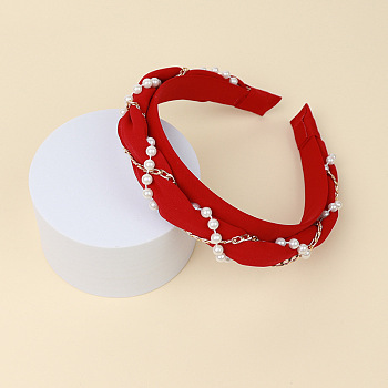 Cloth Hair Bands, with Plastic Pearl & Alloy Chains, Hair Accessories for Women Girls, Red, 30mm, Inner Diameter: 140x160mm