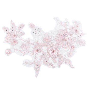 3D Flower Organgza Polyester Embroidery Ornament Accessories, Applique Patch, Sewing Craft Decoration, with Imitation Pearl Beads, Pink, 350x290x1.5~6mm