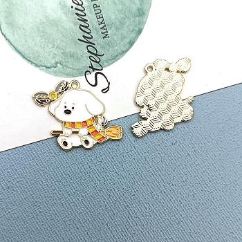 Alloy Enamel Pendants, Golden, Dog with Broom Charm, Orange, 28x27mm