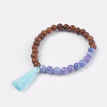 Natural Quartz(Dyed) Stretch Bracelets, Imitation Aquamarine, with Wood Beads and Cotton Thread Tassel, 2-1/8 inch(5.5cm)